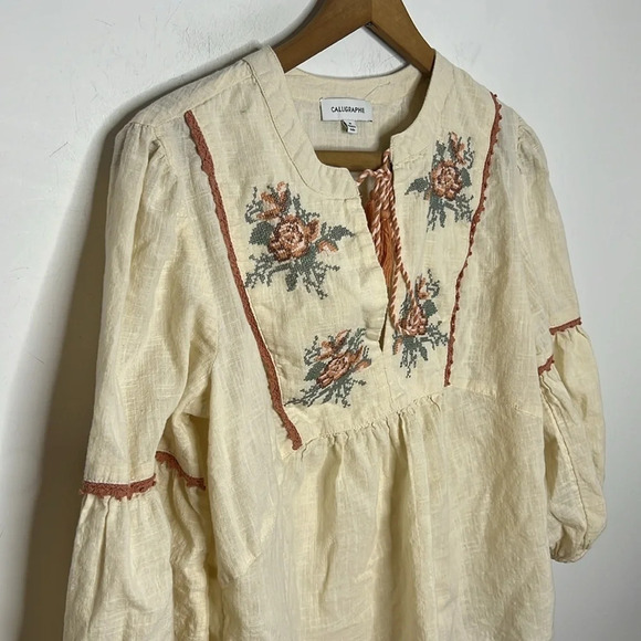 CALLIGRAPHIE Embroidered Floral Boho Tassel Tie Balloon Sleeve Peasant Blouse - Picture 3 of 11